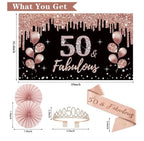 50th Birthday Decorations for Women,33pcs 50th Birthday Crown and Sash, Black Rose Gold Happy 50th Birthday Banner Balloons Backdrop Hanging