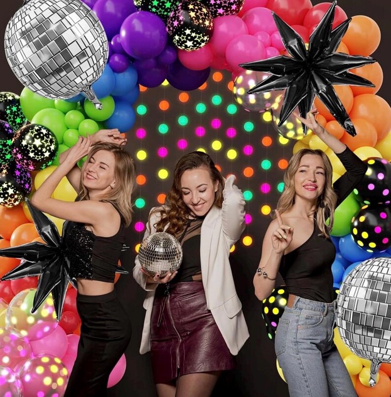 Glow in the Dark Party Decorations, 80S Disco Rainbow Balloon Arch Garland Kit with Foil Star UV Neon Luminous Fluorescent Balloons 9.8ft