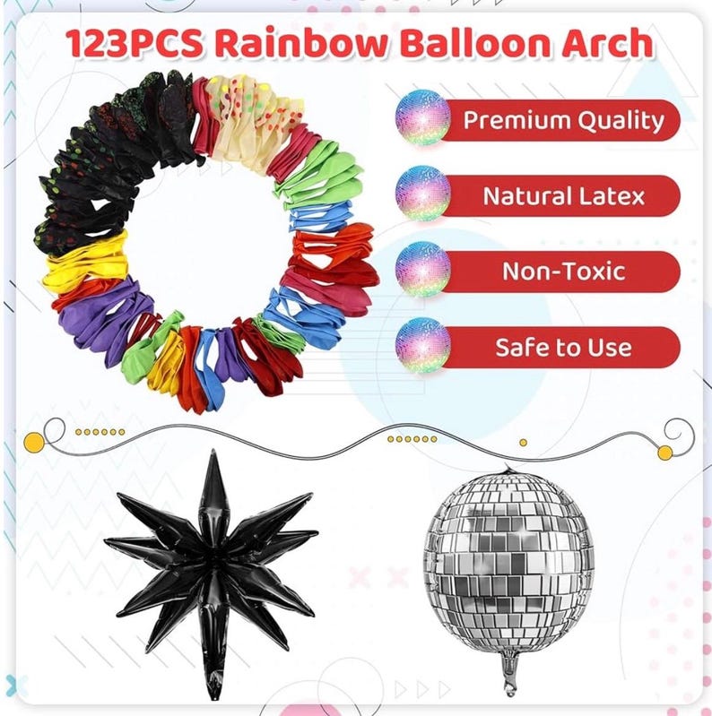 Glow in the Dark Party Decorations, 80S Disco Rainbow Balloon Arch Garland Kit with Foil Star UV Neon Luminous Fluorescent Balloons 9.8ft