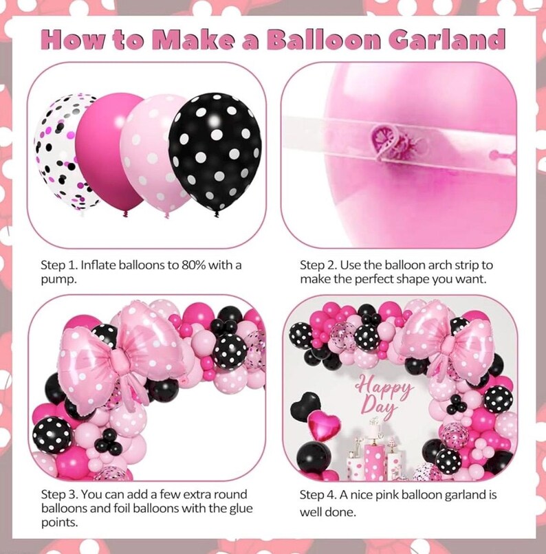 Pink Mouse Balloon Garland Arch Kit for Cartoon Mouse Theme Birthday Party Decorations Girl Kids, Pink Black Rose Red Bow Foil Balloons