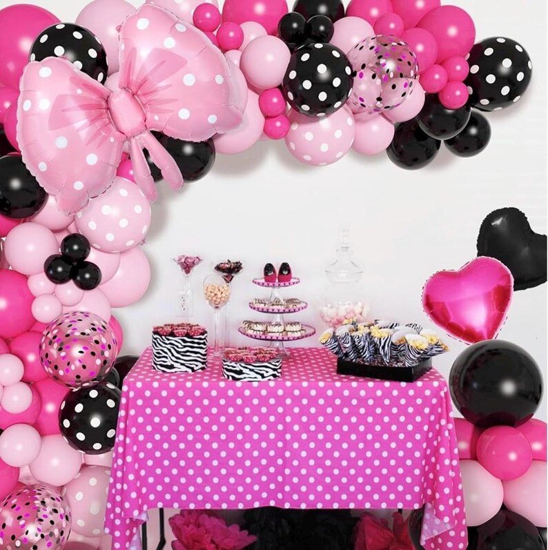 Pink Mouse Balloon Garland Arch Kit for Cartoon Mouse Theme Birthday Party Decorations Girl Kids, Pink Black Rose Red Bow Foil Balloons