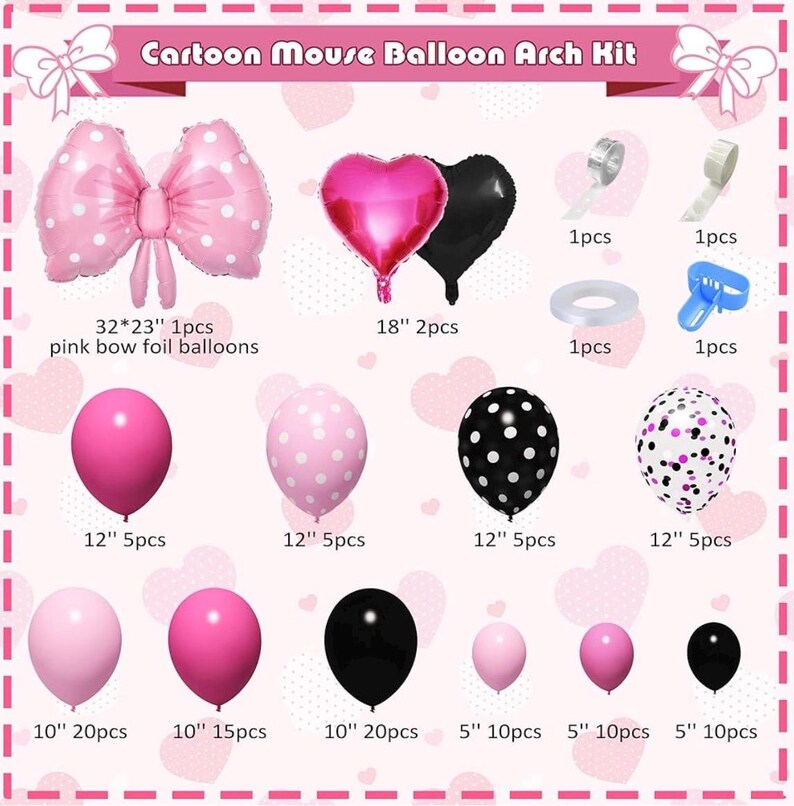 Pink Mouse Balloon Garland Arch Kit for Cartoon Mouse Theme Birthday Party Decorations Girl Kids, Pink Black Rose Red Bow Foil Balloons