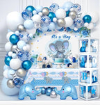 Elephant Baby Shower Decorations Boy, Blue Balloon Arch Kit with BABY Boxes, Backdrop, Tablecloth, 155pcs Party Set