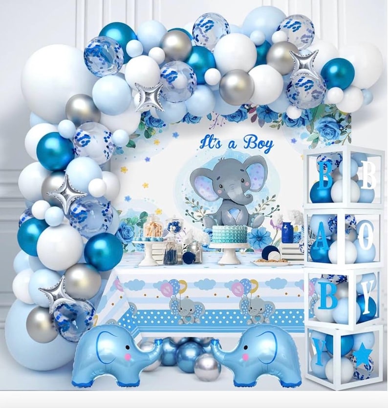 Elephant Baby Shower Decorations Boy, Blue Balloon Arch Kit with BABY Boxes, Backdrop, Tablecloth, 155pcs Party Set