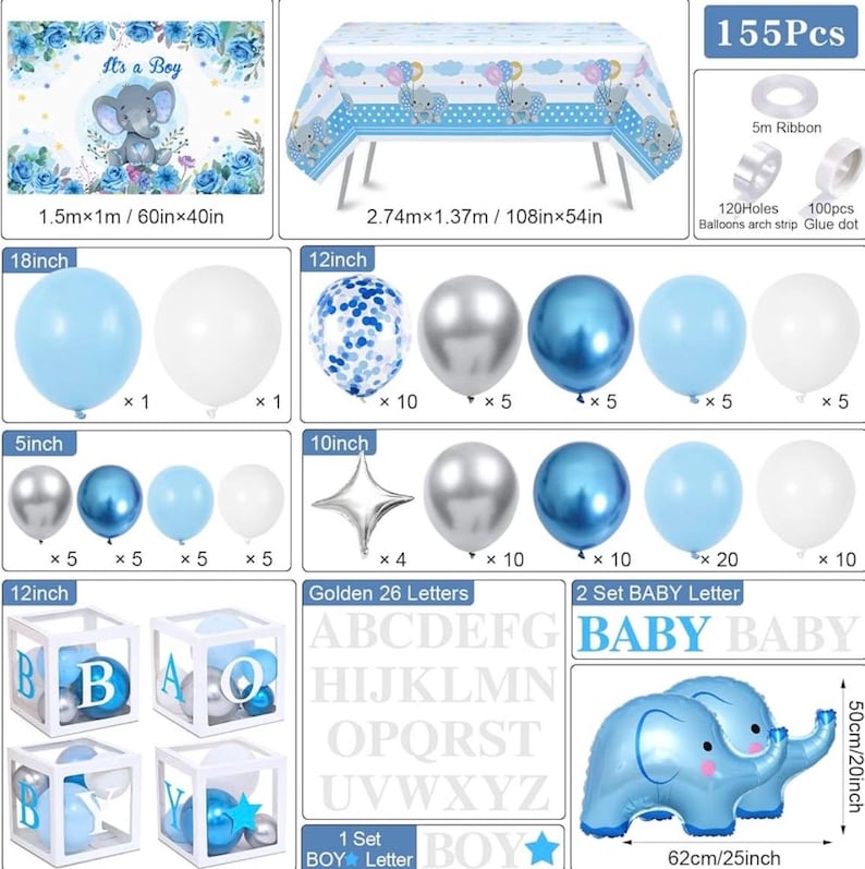 Elephant Baby Shower Decorations Boy, Blue Balloon Arch Kit with BABY Boxes, Backdrop, Tablecloth, 155pcs Party Set