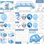 Elephant Baby Shower Decorations Boy, Blue Balloon Arch Kit with BABY Boxes, Backdrop, Tablecloth, 155pcs Party Set