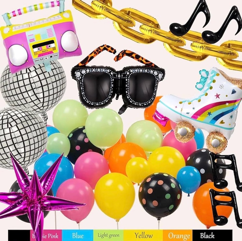 90s 80s Disco Theme Party Decorations, 171Pcs Balloon Arch Kit with Retro Disco Ball Radio Glasses Roller Skate Musical Note Chain Star