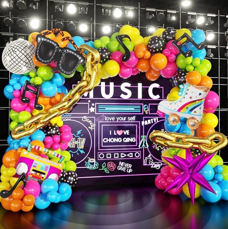 90s 80s Disco Theme Party Decorations, 171Pcs Balloon Arch Kit with Retro Disco Ball Radio Glasses Roller Skate Musical Note Chain Star