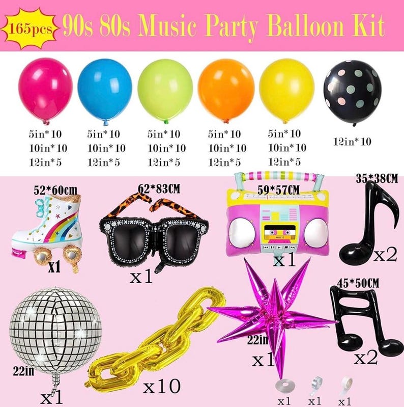 90s 80s Disco Theme Party Decorations, 171Pcs Balloon Arch Kit with Retro Disco Ball Radio Glasses Roller Skate Musical Note Chain Star