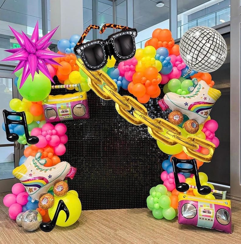 90s 80s Disco Theme Party Decorations, 171Pcs Balloon Arch Kit with Retro Disco Ball Radio Glasses Roller Skate Musical Note Chain Star