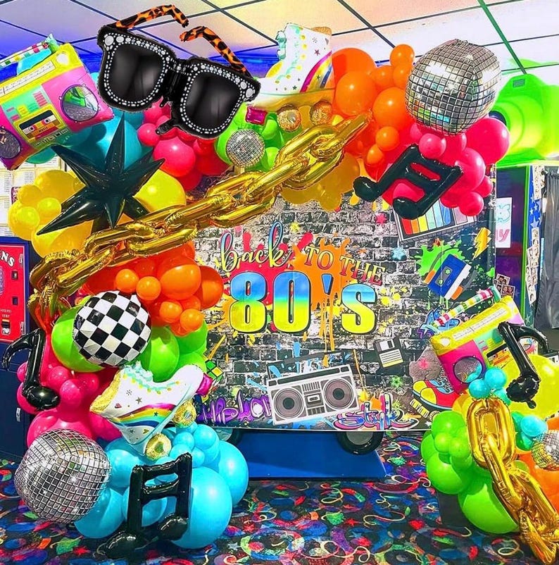 90s 80s Disco Theme Party Decorations, 171Pcs Balloon Arch Kit with Retro Disco Ball Radio Glasses Roller Skate Musical Note Chain Star
