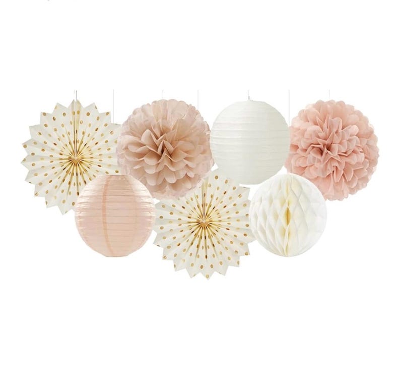 Champagne-Gold Beige-Peach Boho Party-Decorations Streamers 14pcs Fall Neutral Baby Shower Rustic Bohemian Wedding Paper Honeycomb Lanterns