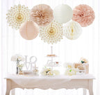 Champagne-Gold Beige-Peach Boho Party-Decorations Streamers 14pcs Fall Neutral Baby Shower Rustic Bohemian Wedding Paper Honeycomb Lanterns