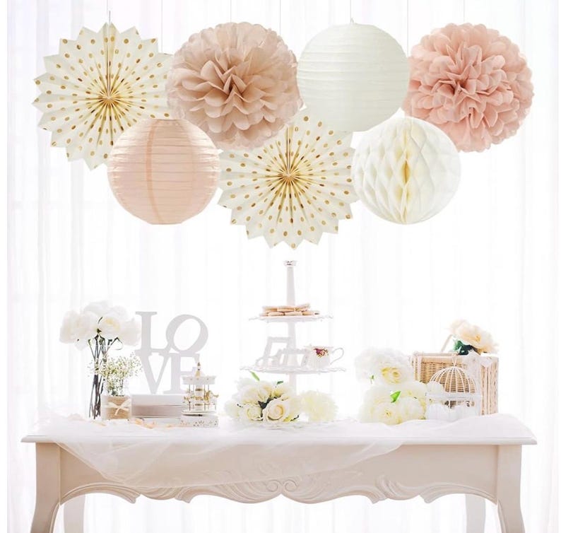 Champagne-Gold Beige-Peach Boho Party-Decorations Streamers 14pcs Fall Neutral Baby Shower Rustic Bohemian Wedding Paper Honeycomb Lanterns