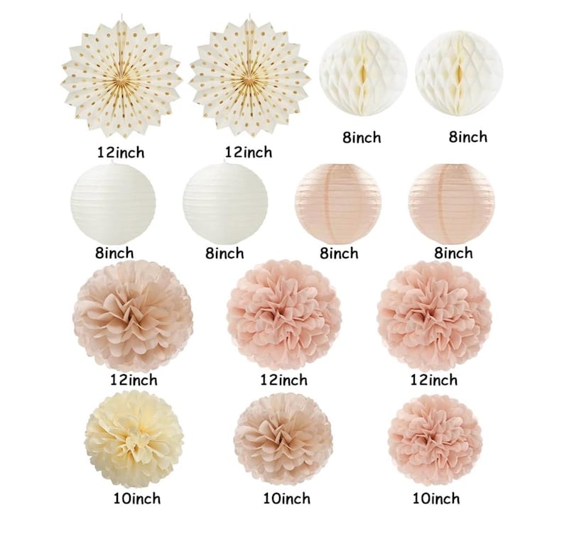 Champagne-Gold Beige-Peach Boho Party-Decorations Streamers 14pcs Fall Neutral Baby Shower Rustic Bohemian Wedding Paper Honeycomb Lanterns