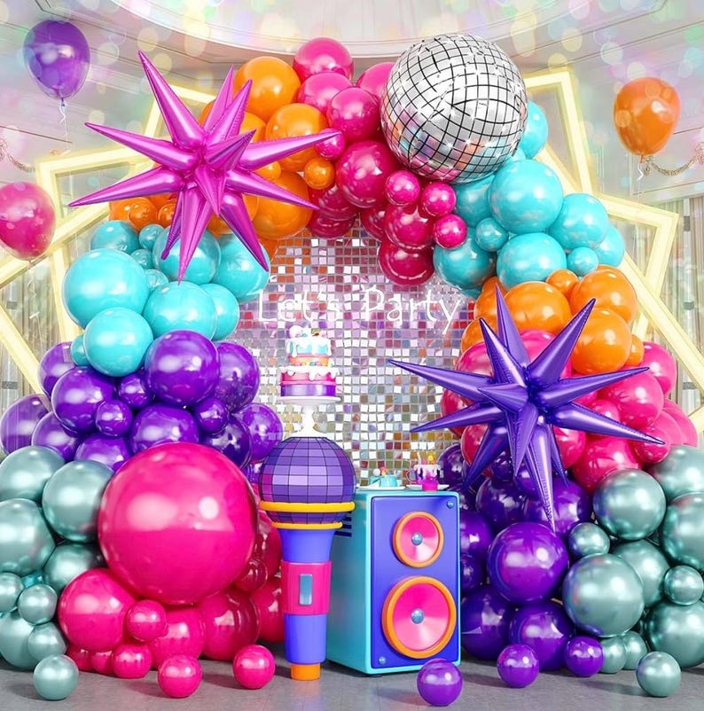 Disco Balloon Arch 125PCS 80s Balloon Arch Kit mit Hot Pink and Purple Teal Orange Metallic Green Balloons 22in Disco Ball Balloons