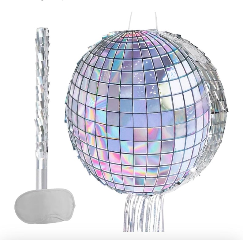 Disco Ball Piñata - Disco Party Decoration for Adult Birthday Party Supplies Hanging Disco Piñata with Bat Blindfold Mirror Roller Skating