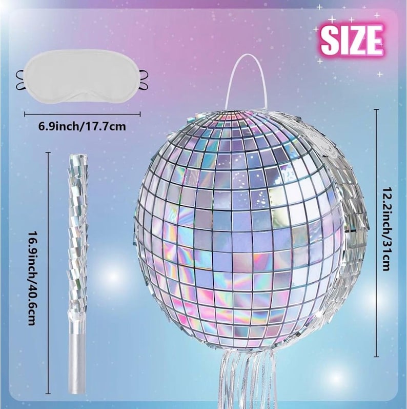 Disco Ball Piñata - Disco Party Decoration for Adult Birthday Party Supplies Hanging Disco Piñata with Bat Blindfold Mirror Roller Skating