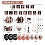 40th Birthday Decorations for Women, 33pcs Black Rose Gold Happy 40th Birthday Banner Crown and Sash Balloons Backdrop Hanging Swirls Paper