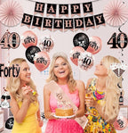 40th Birthday Decorations for Women, 33pcs Black Rose Gold Happy 40th Birthday Banner Crown and Sash Balloons Backdrop Hanging Swirls Paper