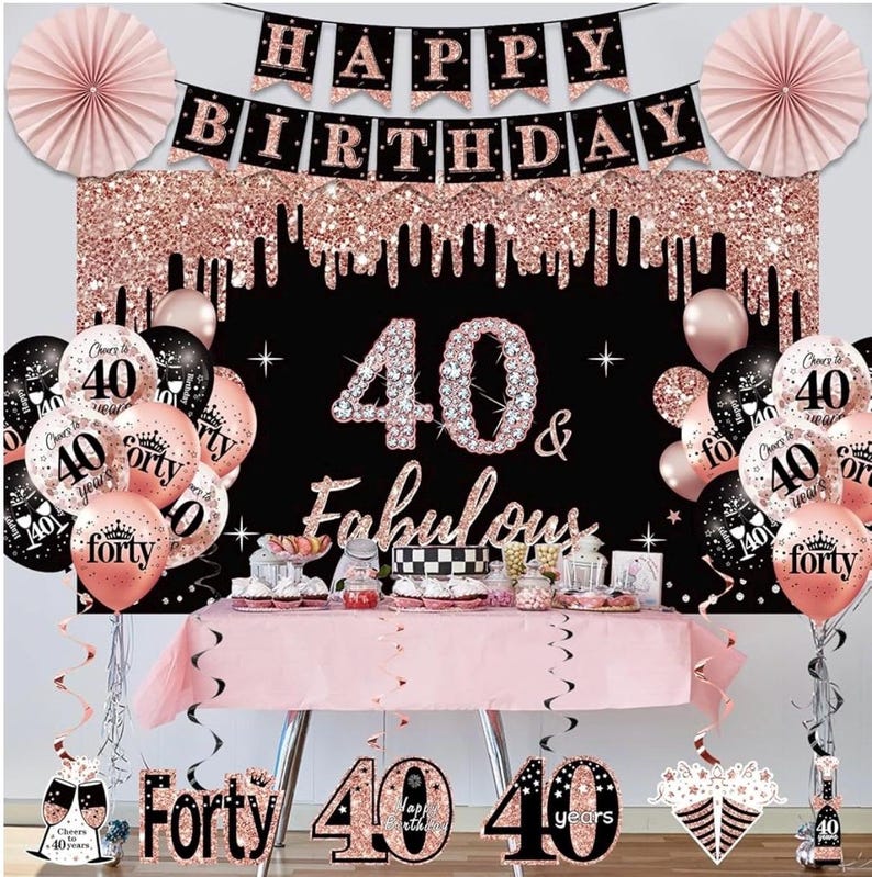 40th Birthday Decorations for Women, 33pcs Black Rose Gold Happy 40th Birthday Banner Crown and Sash Balloons Backdrop Hanging Swirls Paper