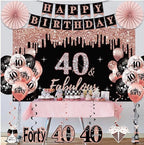 40th Birthday Decorations for Women, 33pcs Black Rose Gold Happy 40th Birthday Banner Crown and Sash Balloons Backdrop Hanging Swirls Paper