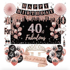 40th Birthday Decorations for Women, 33pcs Black Rose Gold Happy 40th Birthday Banner Crown and Sash Balloons Backdrop Hanging Swirls Paper