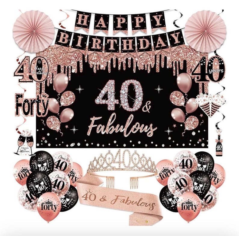 40th Birthday Decorations for Women, 33pcs Black Rose Gold Happy 40th Birthday Banner Crown and Sash Balloons Backdrop Hanging Swirls Paper
