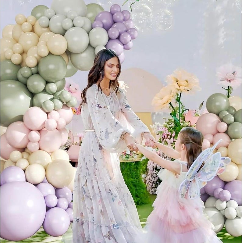 Dusty Green Purple Pastel Pink Balloon Arch Garland Kit 124Pcs Double Stuffed Light Green Sage Green Purple Yellow Macaron Pink Balloons
