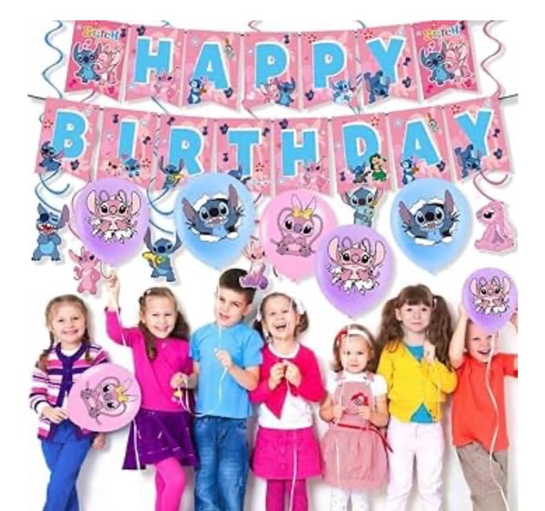 101PCS Stitch Party Supplies, Birthday Decorations Set Include Banner, Balloons, Stickers, Hanging Swirls, Cake Cupcake Toppers, Tablecloth