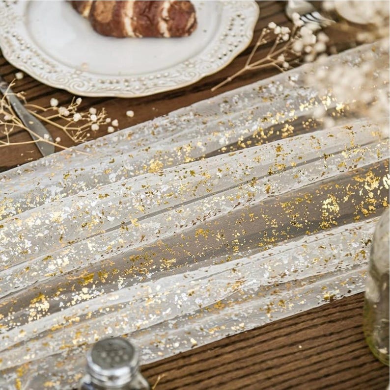 Beige Gold Gauze Table Runner 120 Inch 10FT, Glitter Metallic Foil Sheer Chiffon Cheesecloth Dining Wedding Holiday Birthday Table Decor