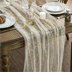 Beige Gold Gauze Table Runner 120 Inch 10FT, Glitter Metallic Foil Sheer Chiffon Cheesecloth Dining Wedding Holiday Birthday Table Decor