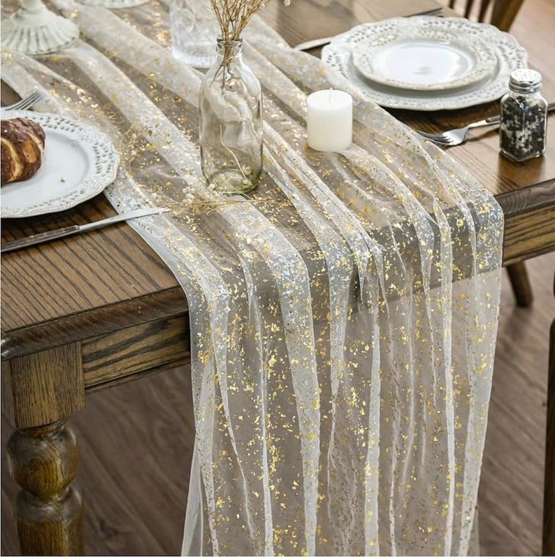 Beige Gold Gauze Table Runner 120 Inch 10FT, Glitter Metallic Foil Sheer Chiffon Cheesecloth Dining Wedding Holiday Birthday Table Decor