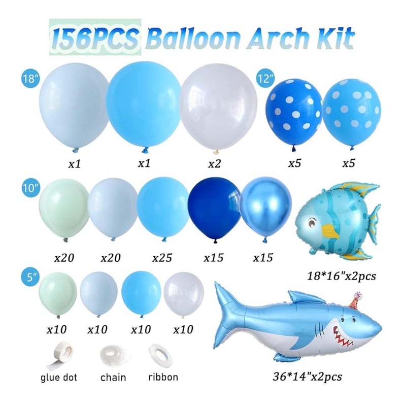 Under the Sea Party Decorations 156Pcs Blue Green Shark Balloon Arch Garland Kit with Shark Clownfish Balloons for Shark Week Ocean Animals