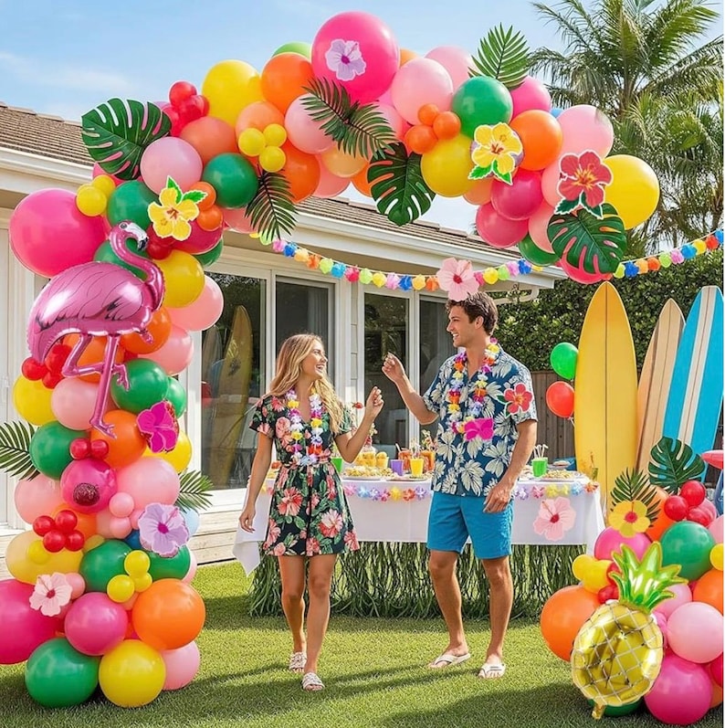 Summer Tropical Balloon Arch Kit Hot pink yellow orange Balloon Luau Flower Card Sticker palm leaves Hawaiian leis For Baby Shower Flamingo