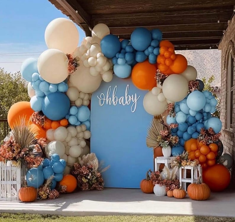 Blue Orange Balloon Arch Double Stuffed Latex Orange Sand White Balloons Light Blue White Balloon Garland for Birthday Fall Baby Shower