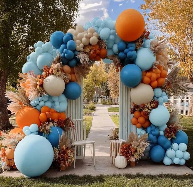 Blue Orange Balloon Arch Double Stuffed Latex Orange Sand White Balloons Light Blue White Balloon Garland for Birthday Fall Baby Shower