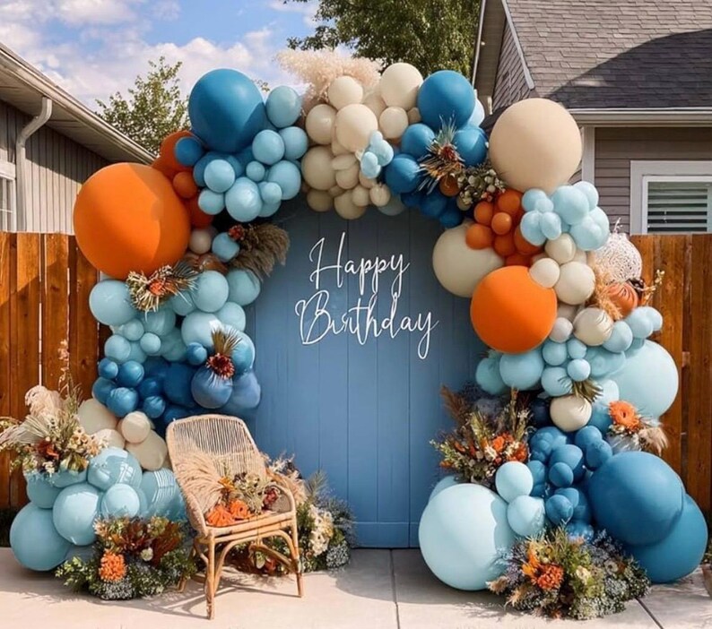 Blue Orange Balloon Arch Double Stuffed Latex Orange Sand White Balloons Light Blue White Balloon Garland for Birthday Fall Baby Shower