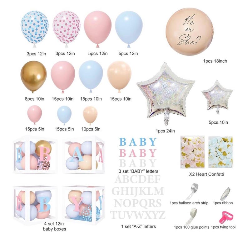 164PCS Gender Reveal Balloon Boxes Decorations, Pink and Blue Balloon Garland Kit 4pcs Boxes with Letters for Baby Shower Birthday He or She