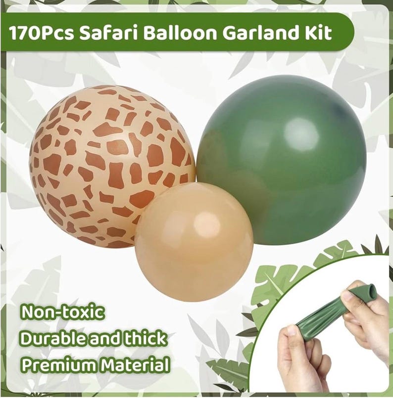 170Pcs Jungle Safari Balloons Garland Kit, Safari Baby Shower Decorations Sage Green Brown & Animal Print Balloons Palm Leaves Decorations