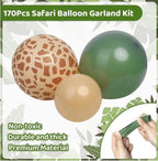 170Pcs Jungle Safari Balloons Garland Kit, Safari Baby Shower Decorations Sage Green Brown & Animal Print Balloons Palm Leaves Decorations