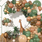 170Pcs Jungle Safari Balloons Garland Kit, Safari Baby Shower Decorations Sage Green Brown & Animal Print Balloons Palm Leaves Decorations