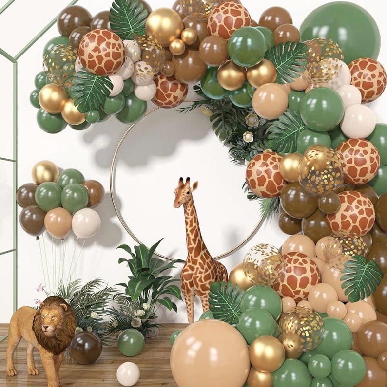 170Pcs Jungle Safari Balloons Garland Kit, Safari Baby Shower Decorations Sage Green Brown & Animal Print Balloons Palm Leaves Decorations