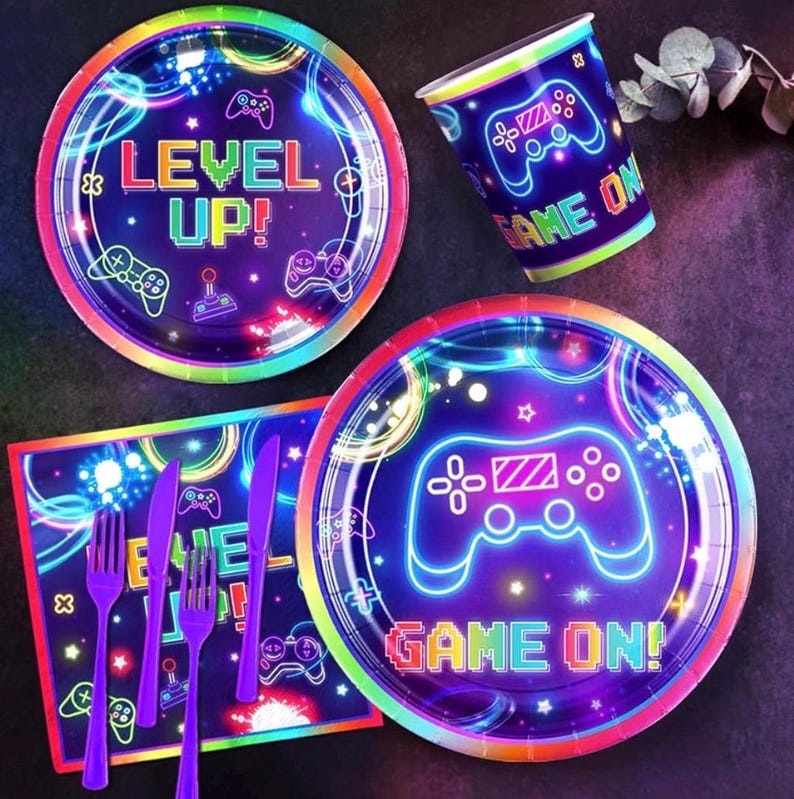 142pcs Video Game Birthday Decorations Gamer Party Tableware Video Game On Themed Plates Napkins Cups Tablecloth Banner for Boys Girls Neon