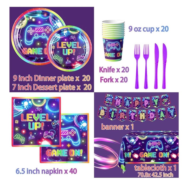 142pcs Video Game Birthday Decorations Gamer Party Tableware Video Game On Themed Plates Napkins Cups Tablecloth Banner for Boys Girls Neon