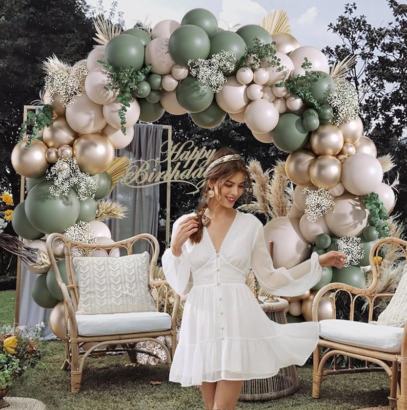 130Pcs Sage Green Gold Balloon Garland Arch Kit with Sage Green Sand White Gold Balloons for Baby Shower Bridal Shower Birthday Engagement