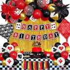 103Pcs Casino Theme Party Decorations, Red and Black Happy Birthday Banner Star Heart Poker Foil Balloons Fringe Curtain Paper Tassel