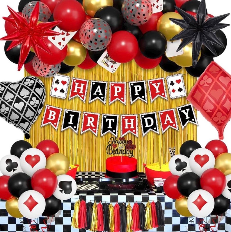 103Pcs Casino Theme Party Decorations, Red and Black Happy Birthday Banner Star Heart Poker Foil Balloons Fringe Curtain Paper Tassel