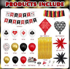 103Pcs Casino Theme Party Decorations, Red and Black Happy Birthday Banner Star Heart Poker Foil Balloons Fringe Curtain Paper Tassel
