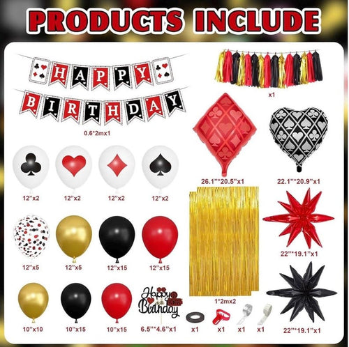103Pcs Casino Theme Party Decorations, Red and Black Happy Birthday Banner Star Heart Poker Foil Balloons Fringe Curtain Paper Tassel